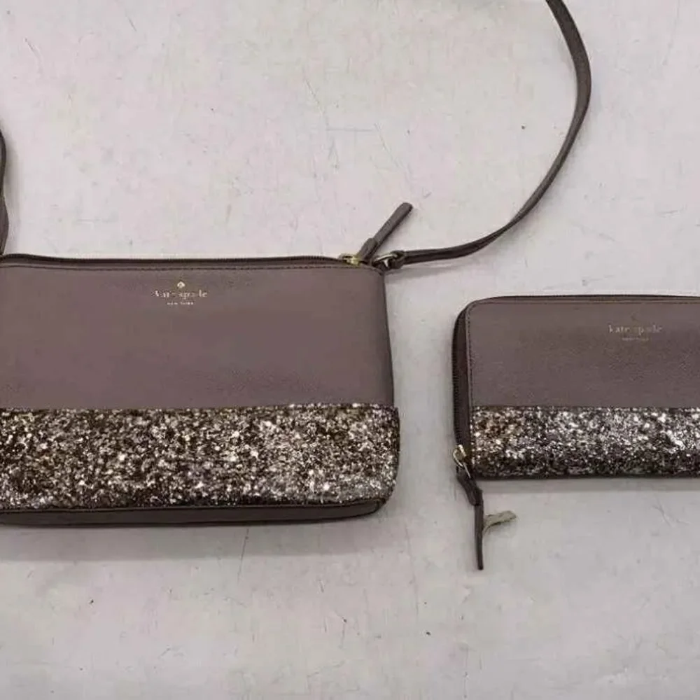 Bundle Kate Spade Designer Court Taupe Glitter Crossbody Bag W/ Matching Wallet